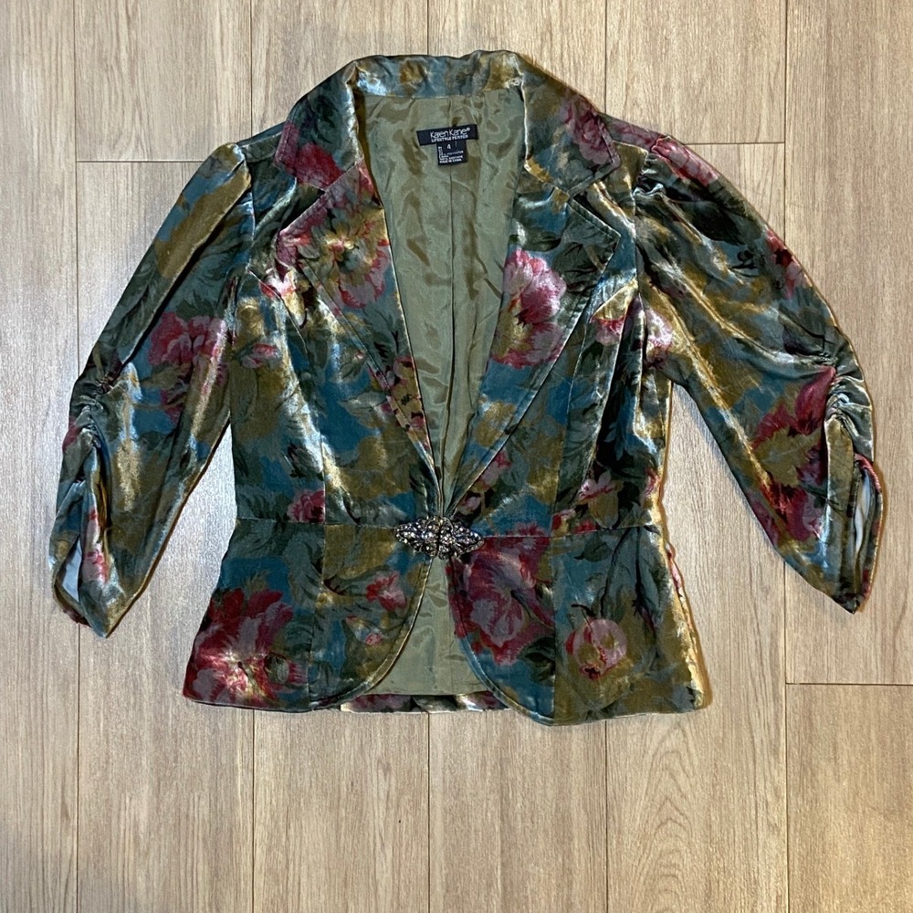 Karen Kane Floral Women's Velvet Peplum Blazer Rhinestone Clasp Green Gold Sz 4
